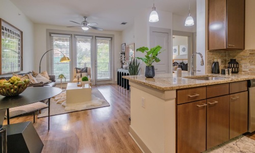 a kitchen with a wood floor