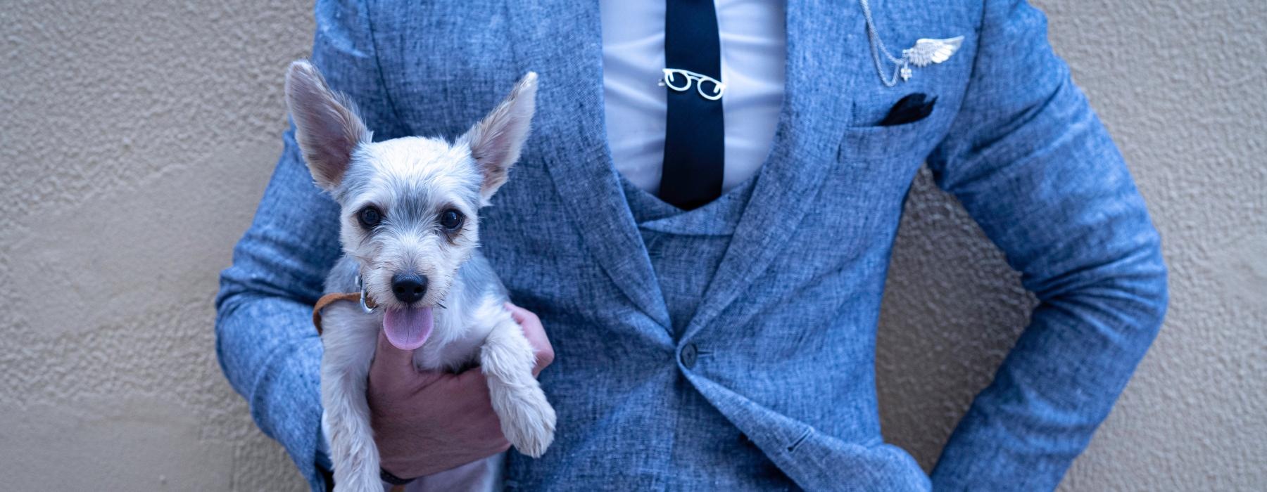 a man holding a dog